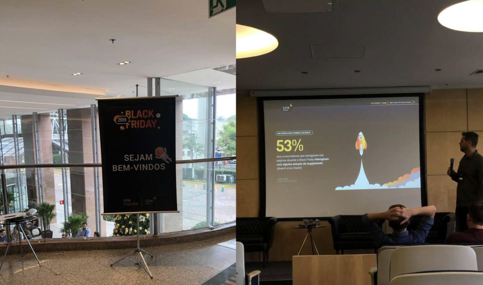 Foto do evento fechado para clientes: à esquerda, banner “BLACK FRIDAY 2019 · SEJAM BEM-VINDOS” com as marcas Linx; à direita, um apresentador com microfone ao lado de uma projeção da Linx Digital com o número “53%” e um foguete ilustrado; participantes sentados à frente.
