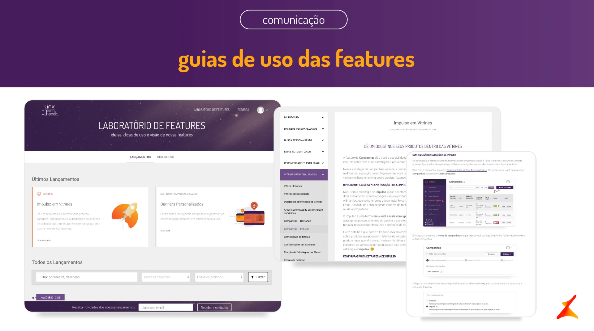 Slide em fundo roxo com o título “guias de uso das features”. À esquerda, a página do portal “Laboratório de Features” com as abas “Lançamentos” e “Guia de Uso” e cards de novidades; à direita, duas páginas de documentação da feature “Impulso em Vitrines”, com menu lateral roxo e prints da tela de campanhas.